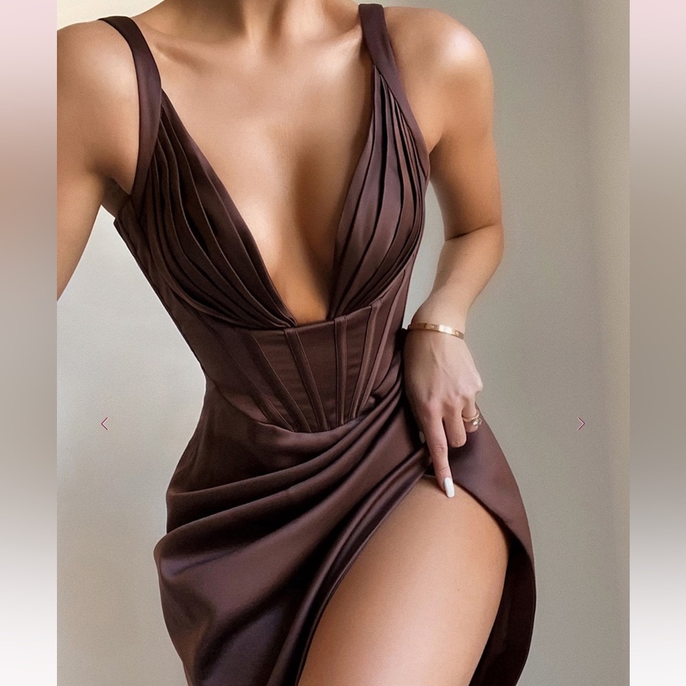 House of CB Faye Chocolate Satin Corset Midi Dress | M